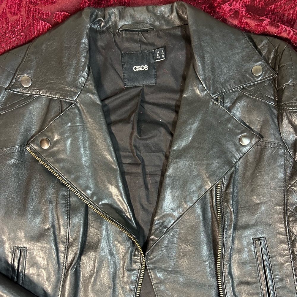 ASOS Black Leather Biker Moto Jacket Size 10
